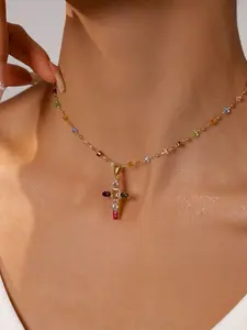 Y2K 18K Gold Plated Necklace Rainbow CZ Triple Cross Pendant DIY Dainty Everyday Gift Idea