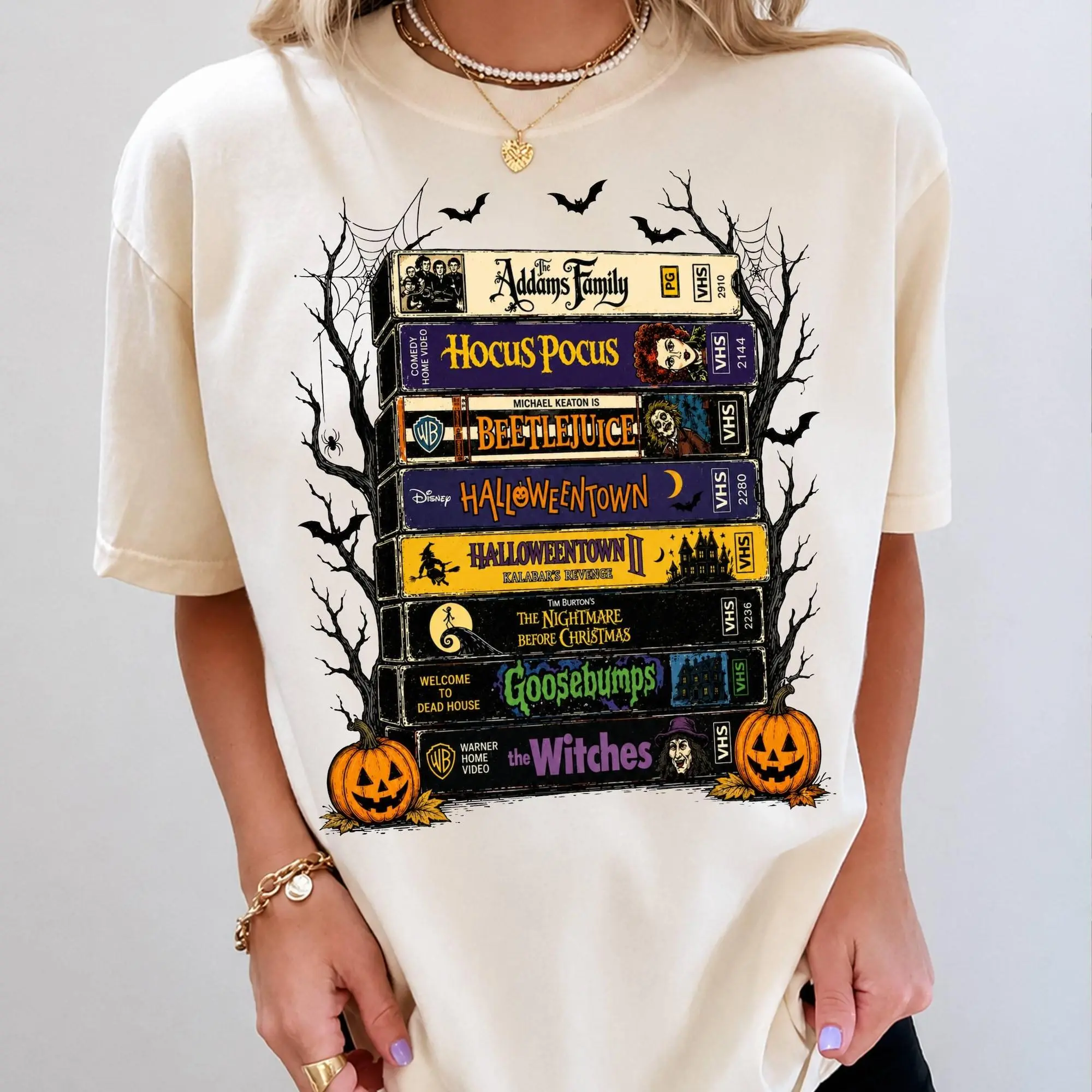 Comfort Colors Halloween VHS Movies T-Shirt, Vintage Horror Movie Stack T-Shirt, Hocus Pocus Beetlejuice Halloweentown Graphic T-Shirt, Spooky Season Gift, Halloween Gifts