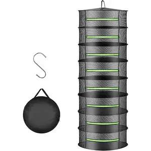2ft 8 Layer Zipper Style Herb Drying Rack Net Mesh with Green Zippers Bonus Hook Hanging Dry Net for Garden Hydroponics Plant Bud Seed