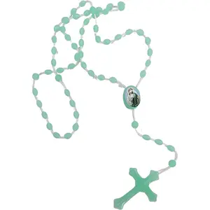 Light Green Plastic Prayer Bead Saint Jude Cord Rosary Necklace, Christian Religious Gifts for Women, 15 Inch, Pack of 3