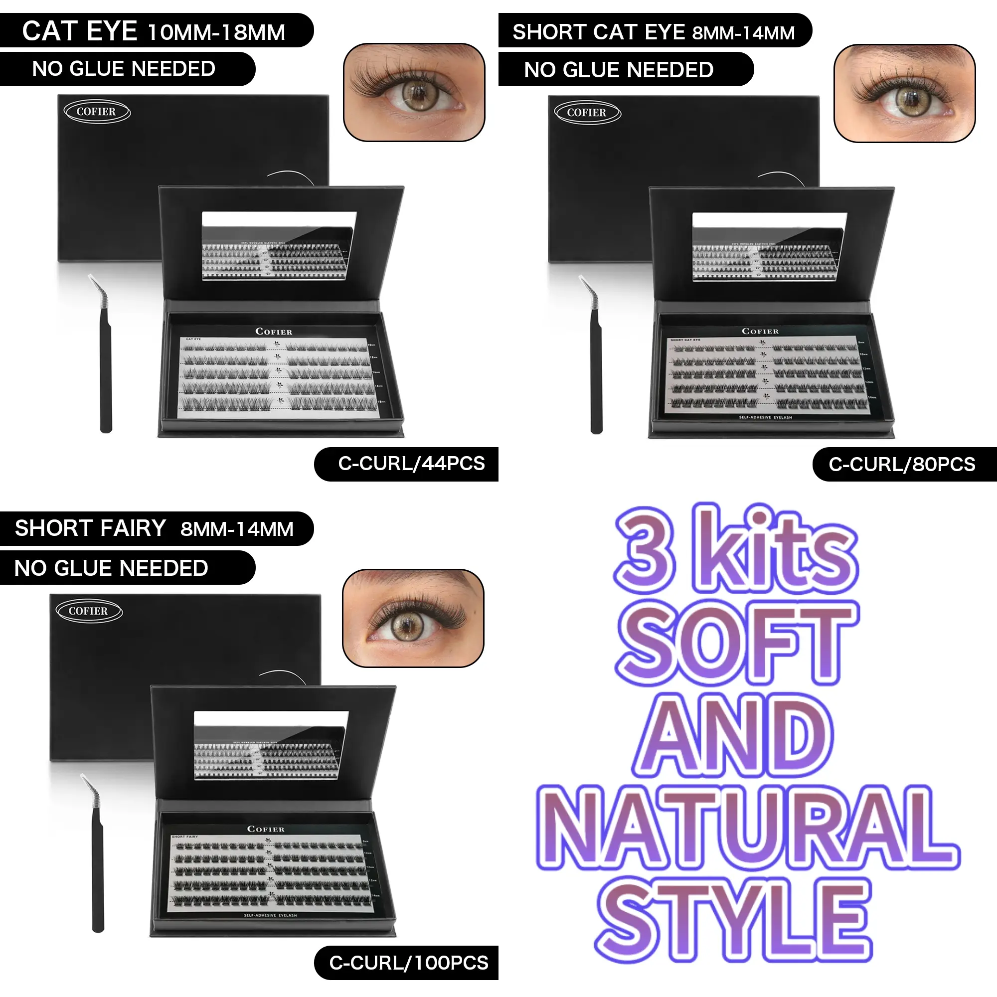 [Soft and natural styles] Cofier Self-Adhesive lashes Glue - Free DIY Lash Kit (Cat eye/short cat eye/shor fairy)  Comes with Tweezers! (80/100 Pcs) for a Quick and Natural Lash Makeover Individual Eyelashes Makeup Eyelashes