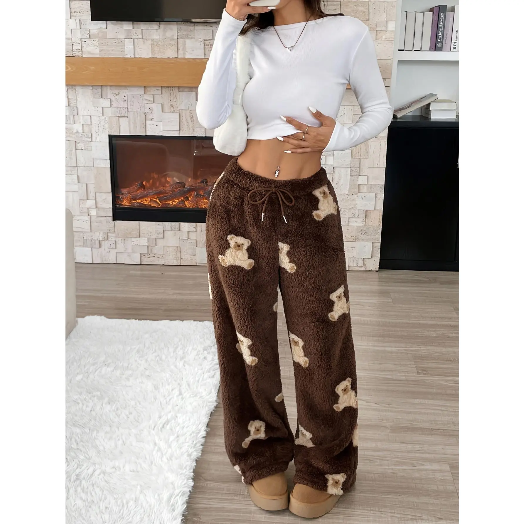 Casual Wear Cozy Animal Print Wide Leg Pants - Soft Polyester Knit, Drawstring Waist, Bear Pattern Loungewear for Fall/Winter - Perfect for Relaxation and Leisure Activities