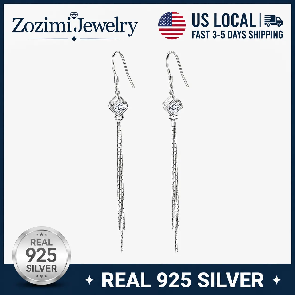 925 Sterling Silver Minimalist Slim Long Tassel Dangle Earrings 3D Cube Square Clear CZ Multi Thin Snake Chain Fringe Fish Hook Rhodium Plated Non Tarnish Fashion Jewelry For Office Daily Brunch Evening Club Party Birthday Xmas Gift