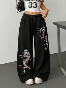 Women's Black Wide Leg Sweatpants - White Dragon & Pink Cherry Blossom Graphic Oriental Streetwear Style Loose Casual Trousers