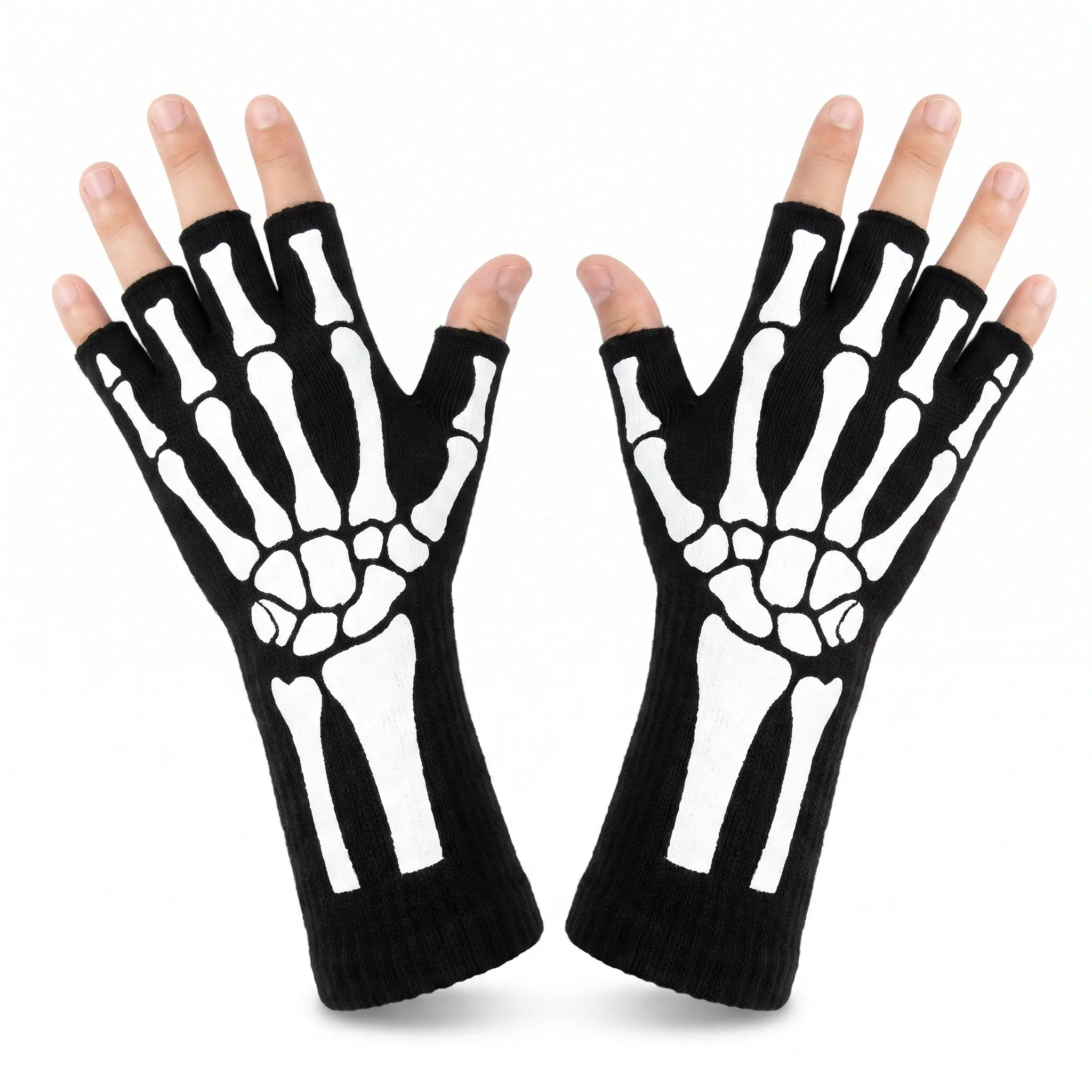 Glow-in-the-Dark Skeleton Fingerless Gloves - Adult Halloween Accessory