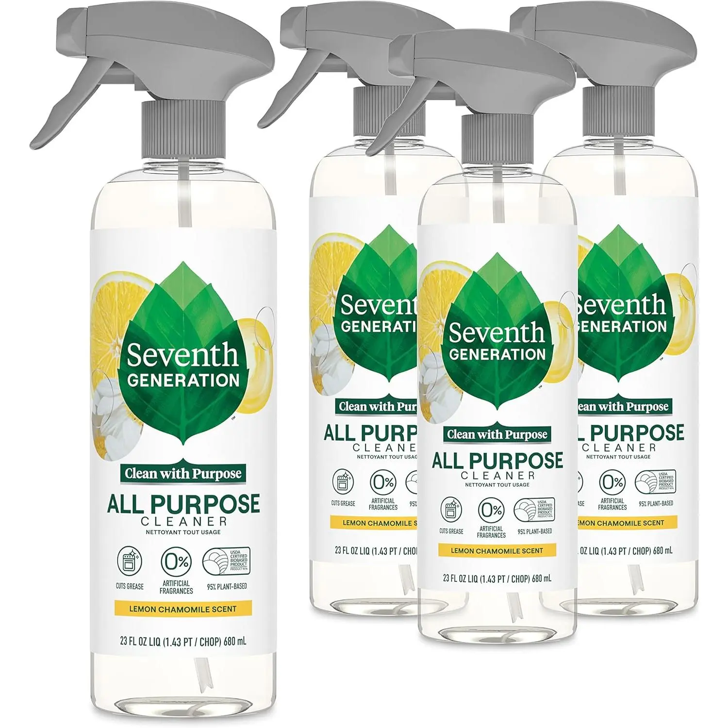Seventh Generation All Purpose Cleaning Spray Surface Cleaner Lemon Chamomile scent Cuts Grease 23 oz, Pack of 4 Household Set