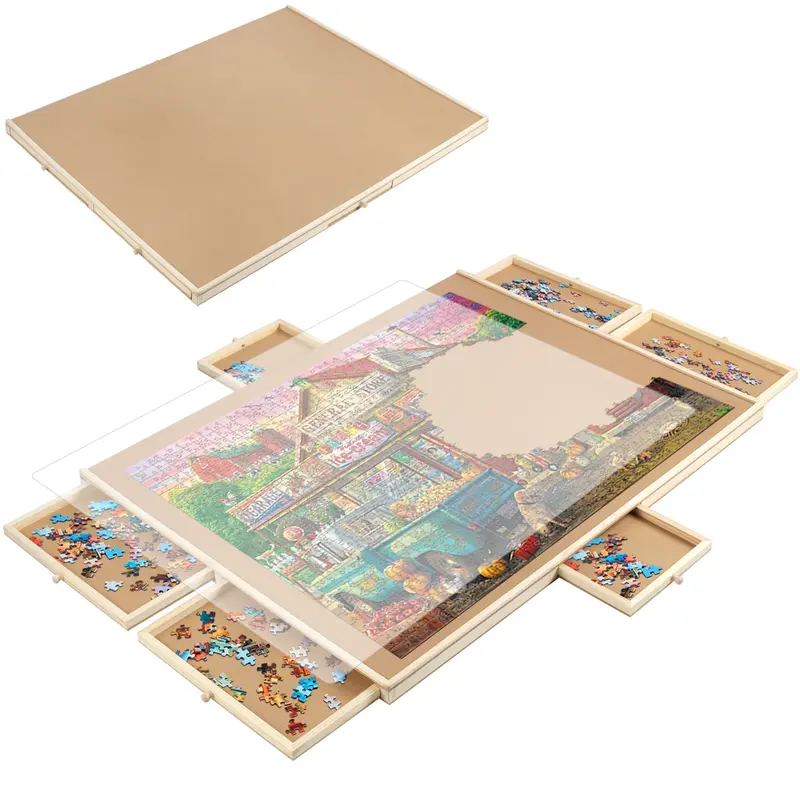 Rotating Plastic Jigsaw Puzzle Board - 1500-Piece Capacity, Drawers, Cover, 35"x27" Double-Sided Tilting Portable Accessory for Engaging Family Puzzle Game, 10+ Years Beginners (Bugs Bunny, Conan Themed)