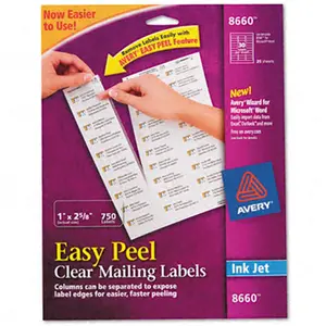 AVERY Ink Jet Address Labels, 1x2.625" Clear, easypeel, Template Compatible, 750-Pack