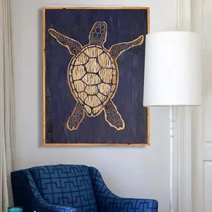 Haven America Carved Sea Turtle Framed Wall Art 43" size Atlantic Navy with 100+-Year-Old Reclaimed Wood Decor Artistic Decoration
