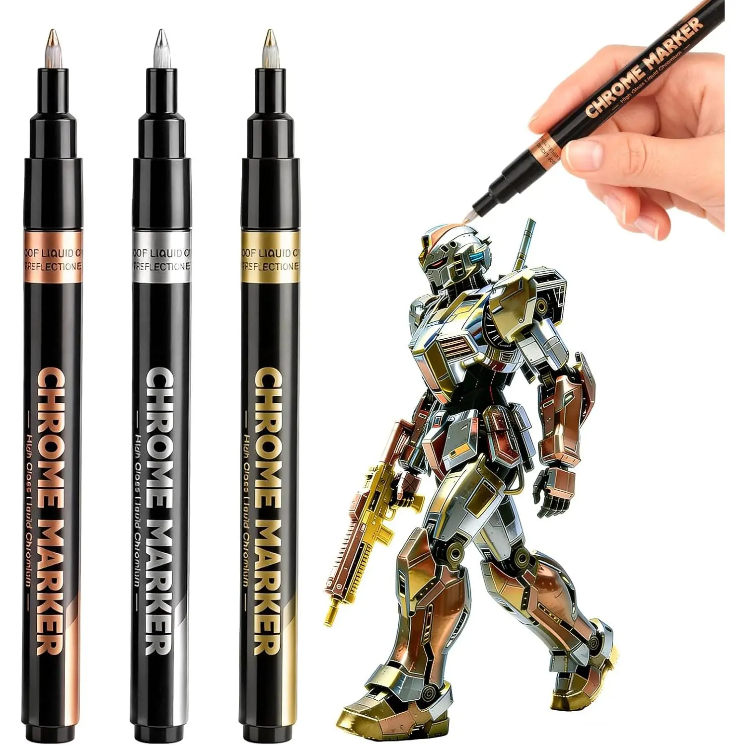 Liquid Chrome Markers Pens,3 Colors   Copper, Permanent Mirror Chrome  Pens for Smooth Surfaces: Model, Metal,Wheel Painting, Plastic, Leather, , -Up
