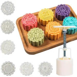 6 PCS Moon Cake Mold, Mid Autumn Festival DIY Hand Press Cookie Stamps Pastry Tool Moon Cake Maker, 1 Mold 6 Stamps Flower Patterns 50g White