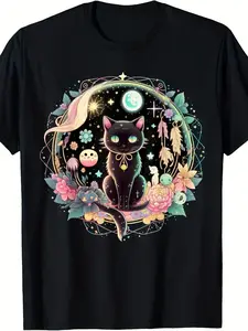 Cute Black Cat Kawaii Gothic Moon Phase Crystal Witch T-Shirt Cotton Top Womenswear Breathable