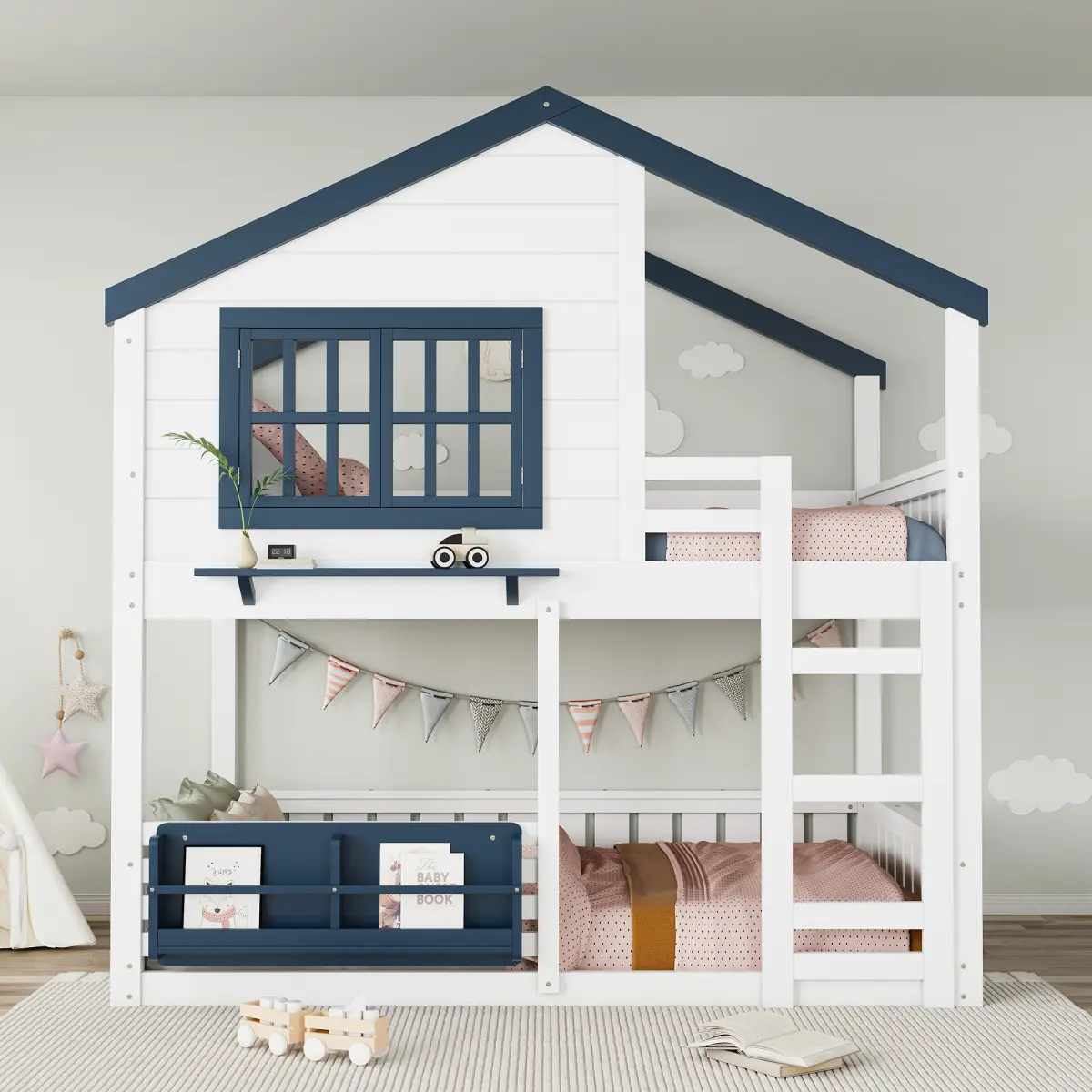 Full Size Bunk-Loft Bed with Cabin-Style House Design, Childlike Charm, High-Quality Safety Fencing, Bookshelf, White & Blue Indoor Furniture, Loft Beds, Upper Bed: 450Lbs