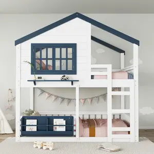 Full Size Bunk Bed/Loft Bed with Bookshelf, House Design, High-Quality Safety Fencing,White & Blue