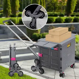 Foldable Utility Cart with Stair Climbing Wheels,Collapsible Rolling Crate with Magnetic Lid Telescopic Cover,Adjustable Telescoping Handle (Grey)