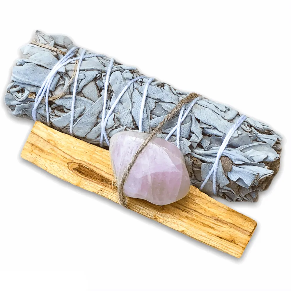 Rose Quartz Smudge Bundle - Palo Santo - White Sage - Rose Quartz