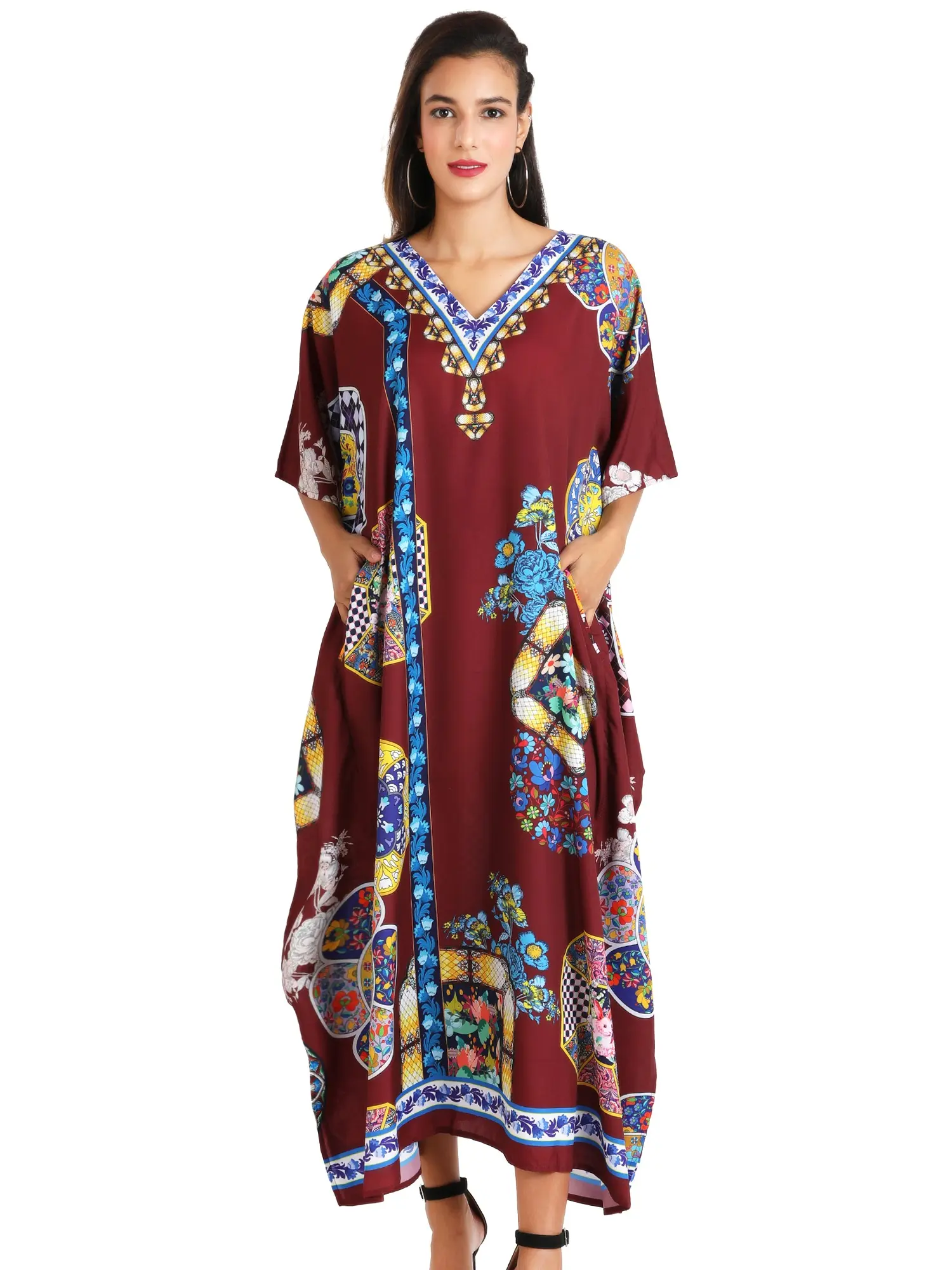 Miss Lavish London Women's Kaftan Suiting Teens to Adult in Regular to Plus Size - 145-MAROON 24-28 Shortsleeve Multicolor Batwing Summer Polyester Dress Womenswear Casual Maxi
