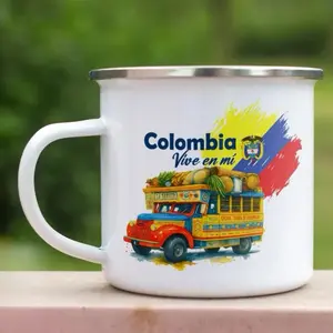 11-ounce Country Mug with Colombian Design Featuring Iconic Bus and Fresh Produce Artwork for Coffee Lovers