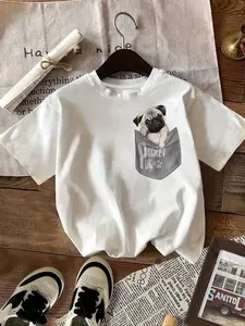Women's Pug Dog & Letter Print Round Neck Tee, Casual Short Sleeve T-shirt for Summer, Fashion Women's Top for Daily Wear