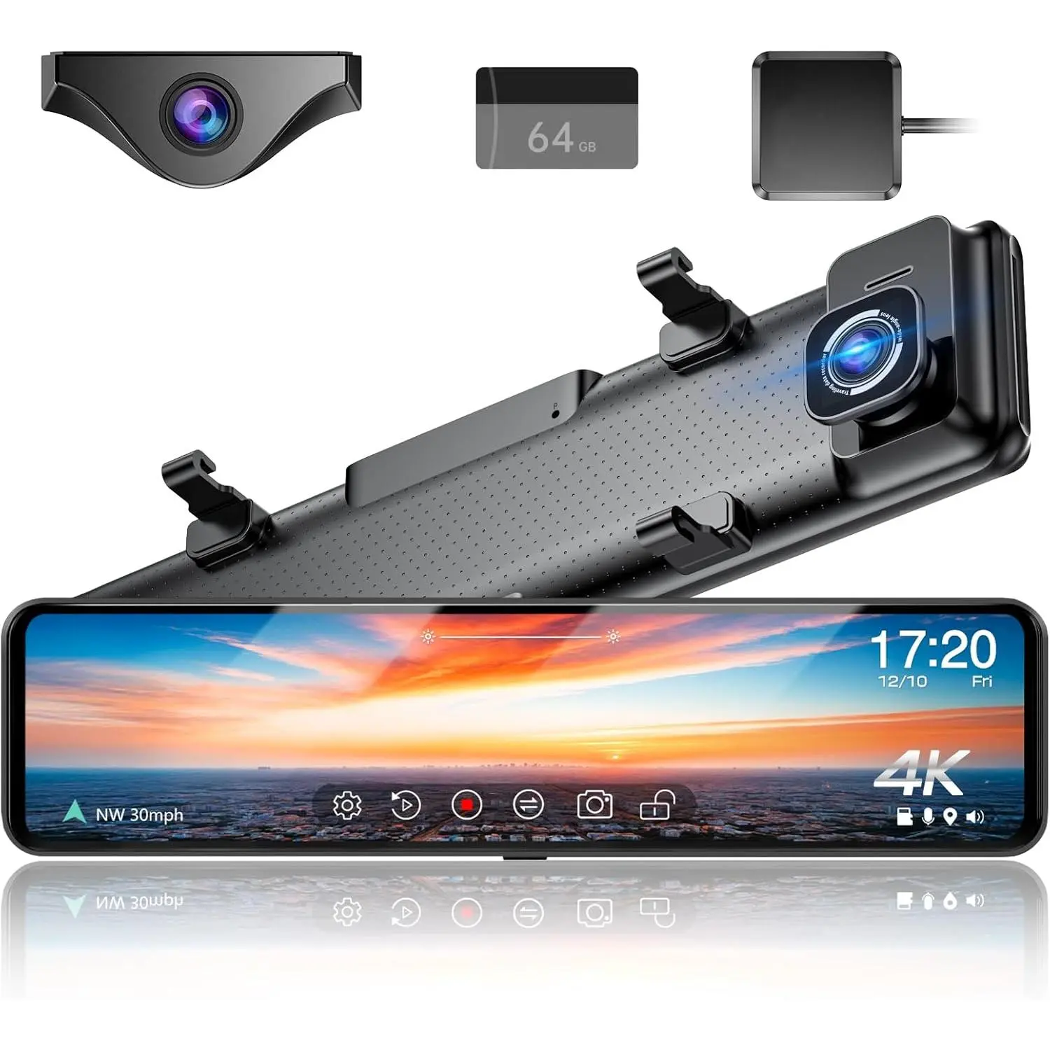 12" 4K UHD Mirror Dash Cam Front and Rear with Zoom Backup Camera, 2160P Dual Rear View Mirror Camera for  & , 64GB Card Included, GPS, WDR, Super Night Vision, Parking Assist & G-Sensor