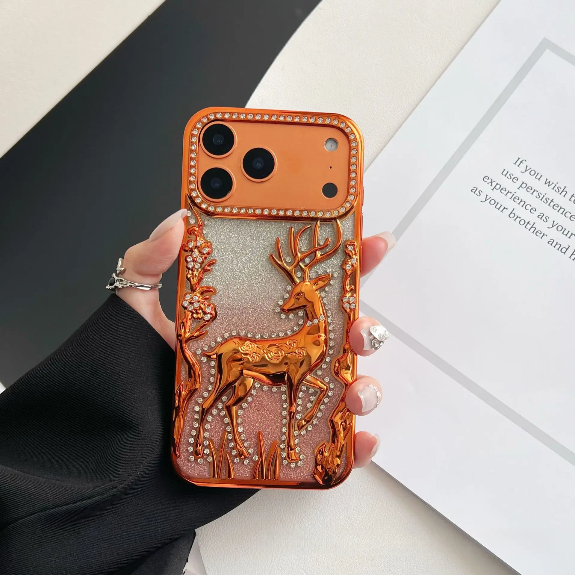 Christmas Limited Edition Luxury Smartphone Case for iPhone 17 Pro Max - Custom 3D Deer Laser-Engraved Silver + Glitter Metallic Flexible Silicone TPU, Shockproof, Diamond-Accented Mobile Device Accessories