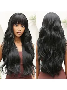 Brazilian natural color 180% density water wavy human hair wig with bangs | Fully machine-woven wig, rose mesh cap, adjustable straps, comfortable to wear, suitable for everyday and special occasions, fluffy and soft.