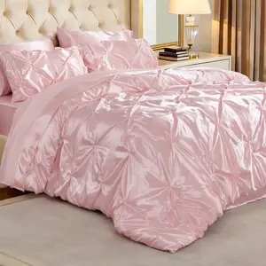 BEDELITE Satin Comforter Set 5 / 7 Pieces Luxury Pintuck Bed in A Bag with Comforter, Flat Sheet Shams, Soft Sheet, Fitted Sheet, Pillowcases, Summervibes cozy Similar to Silk Bed Set for All Seasons Mother's Day gift Bedding Sets