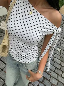 Women's Polka Dot Cross-Shoulder Tie Design Fitted Top, Fashionable Daily Commute Wear, Office, Stylish Ladies' Blouse