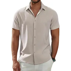 Men's Linen Shirts Short Sleeve Button Down Shirts Casual Summer Beach Wedding Shirts
