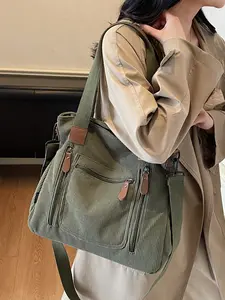 Corduroy Tote Boho Shoulder Bag for Women – Vintage Military Green, Multi Pocket Design | Casual Shoulder Crossbody for Commute, School & Daily