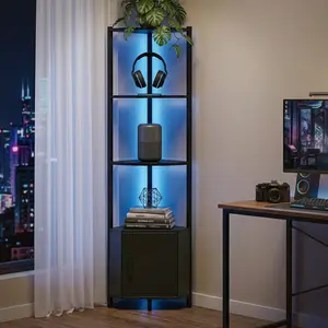 Corner Shelf with Storage, LED Lights 6-Tier Corner Bookshelf, 66'' Organizer Book Shelf Shelves Steel Frame Display Stand with Living Room, Bedroom, Study, Black