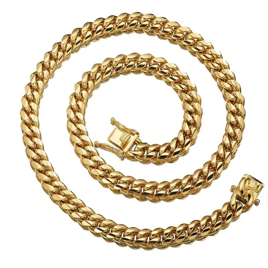 6/8/10/12/14mm 18K Gold Plated Men's Hip Hop Necklace, Cuban Chain Tap Clasp Stainless Steel Titanium Necklace