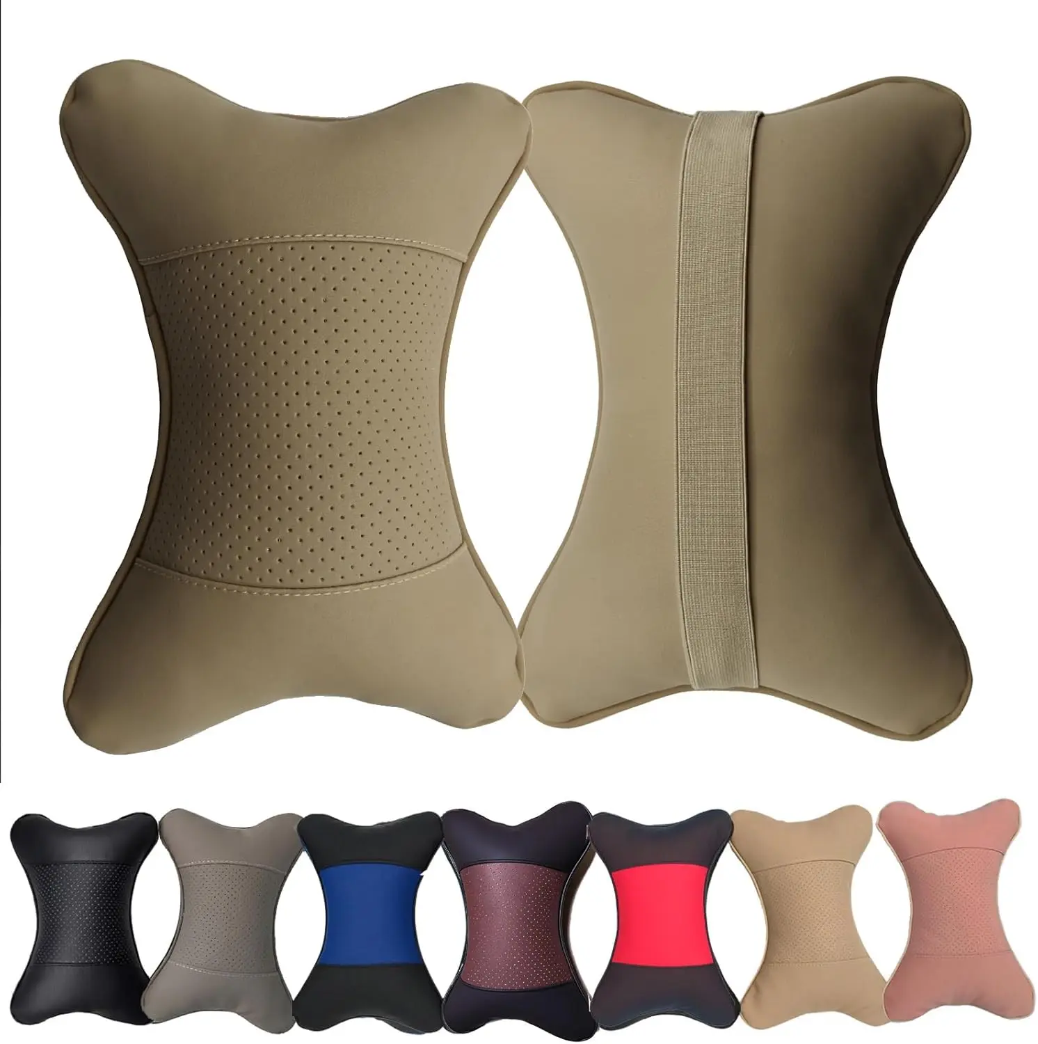 Automotive Universal Car Neck Pillows - 2-Count Synthetic PU Leather, Dual-Sided Fiber-Filled, Breathable Holes Headrest Pack for Long Drives, Neck Support (Beige), Support Neck
