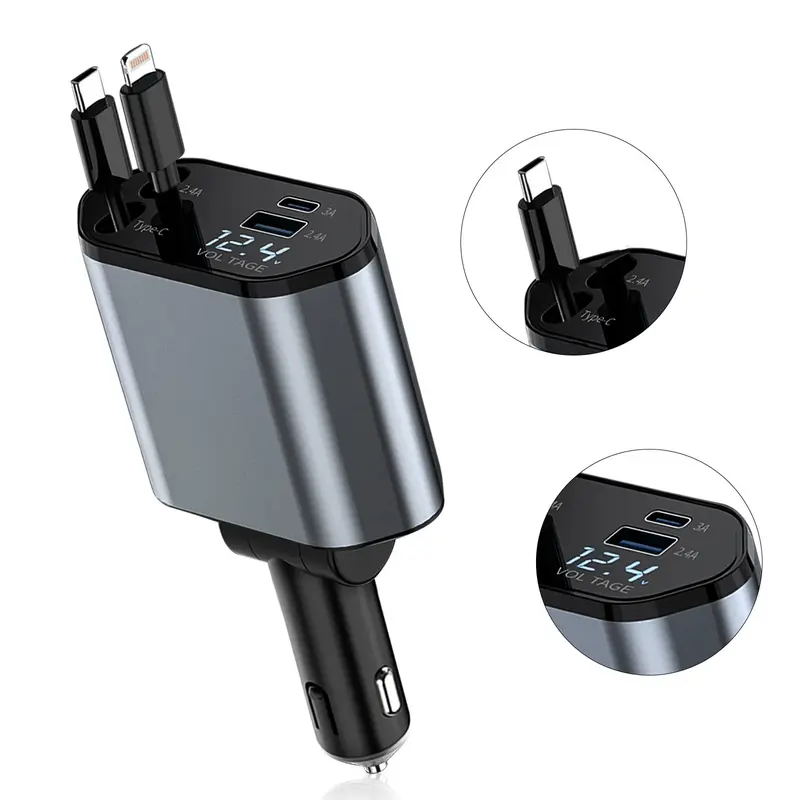Retractable Car Charger4 in 1 Fast Car Charger Adapter with Dual Retractable Type-C&iOS Cords USB-A&C Ports Compatible with iOS16/Tablet/Galaxy/Pixel