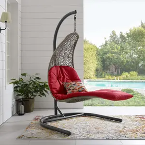 Modway Landscape Hanging Chaise Lounge Outdoor Patio Swing Chair in Light Gray Red