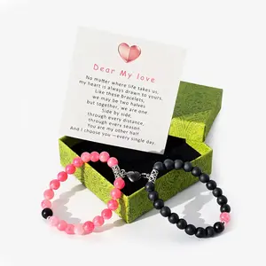 Couple Bracelets for Him and Her 8mm Beaded Matching Stone Bead Stretch Bracelets Ideal Gift for Lovers & Friends Relationship Jewelry Set,Gifts for Women Long Distance Ralationship