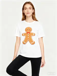 Christmas costumes, Christmas short-sleeved shirts, gingerbread man printed short-sleeved shirts, crew-neck