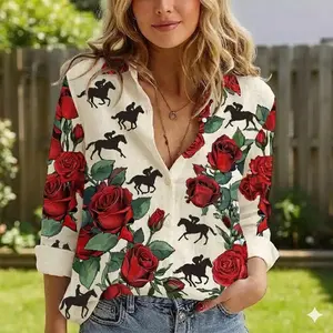 Horse Racing Linen Look Shirt, Run For The Roses Blouse, Red Rose Floral Top, Southern Preppy Derby Party Outfit For Women
