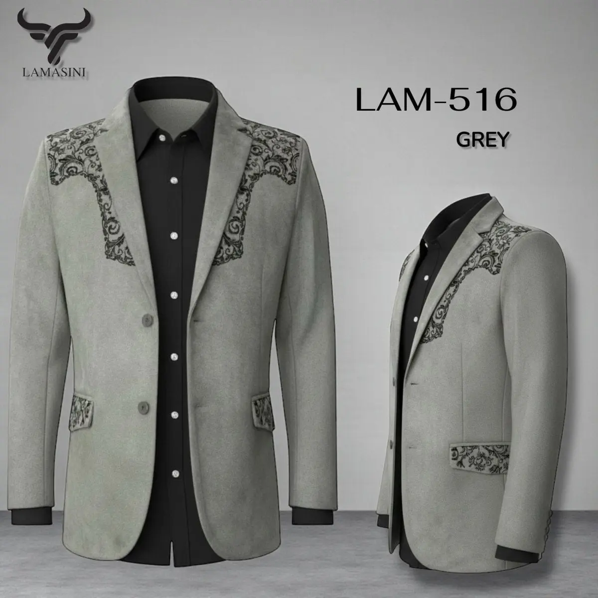 Saco Gris Vaquero de Gamuza con Bordado Western, Lam-516