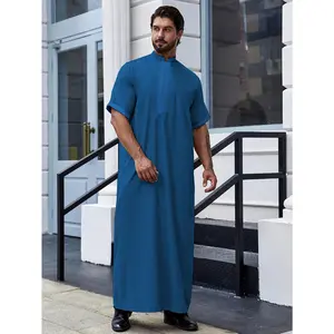 Men's Navy Blue Arabian Kaftan Dishdasha - Loose Fit Zip-Up Long Robe with Stand Collar, Breathable Viscose Blend, Casual Style for Outdoor & Formal Occasions, Casual Arabian Attire| Classic Stand Collar| Nontransparent Fabric, Gift for Eld, Gift for Rama