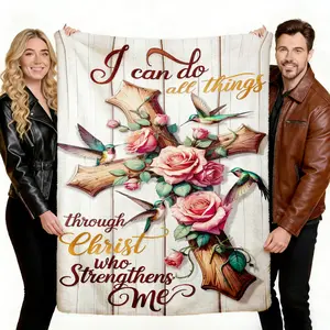 I Can Do All Things Through Christ Who Strengthens Me Christian Blanket – Wooden Cross with Roses & Hummingbirds, Faith-Based Fleece Throw for Prayer, Encouragement Gift