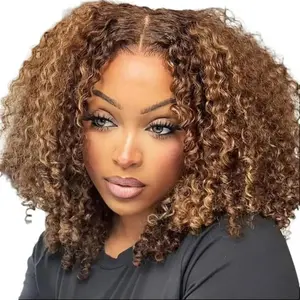 Varia Hair Brown/Blonde Highlight Deep Wave Bob Ombre Honey Brown 5x5 Lace Closure 14-inch 180% Density Human Hair Wig