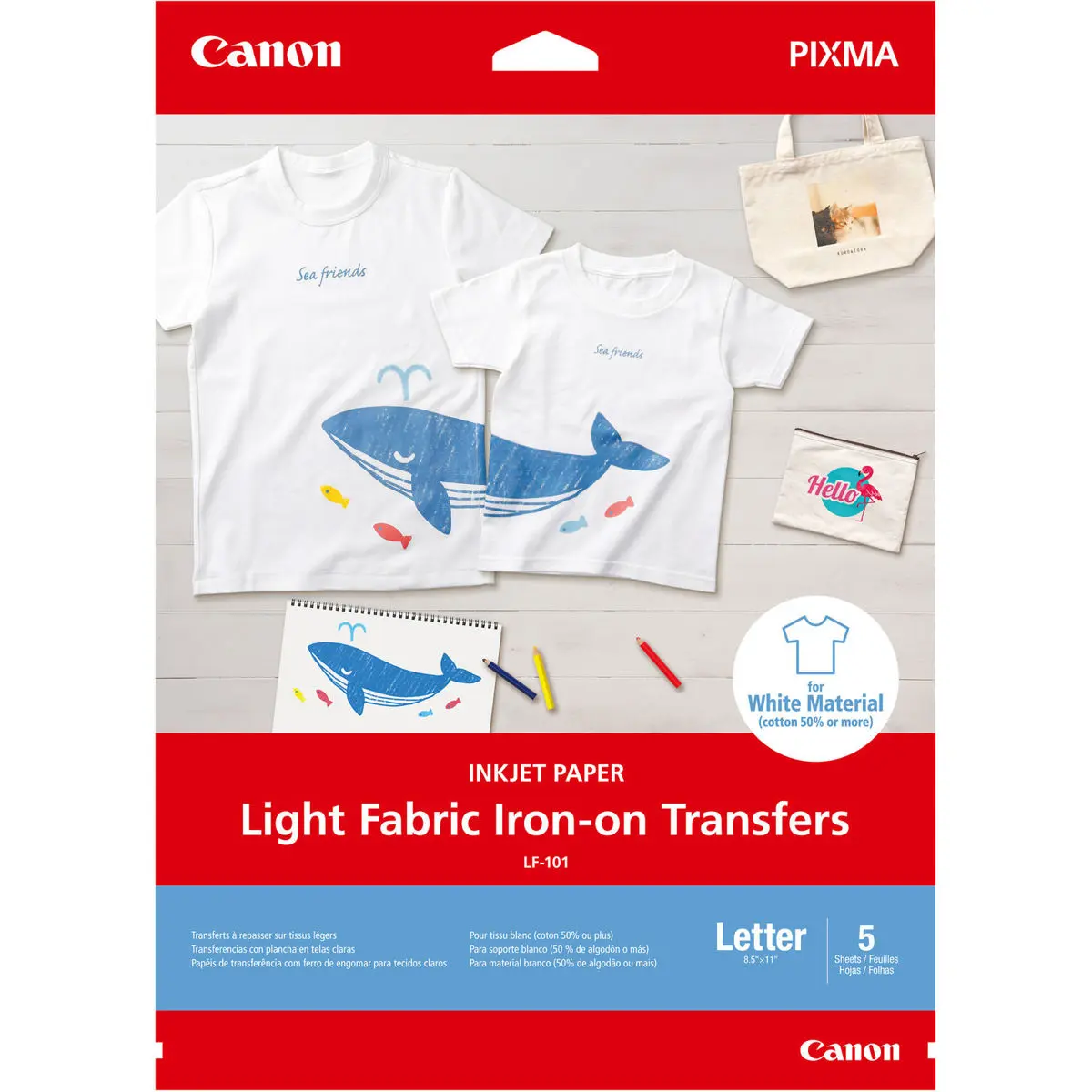 Canon LF-101 Series Inkjet Iron-On Transfer Paper, Letter Size 8.5x11", Single-Sided, Light Fabrics Compatible, 5.9 mil, 125gsm, 5 Sheets, Ideal for T-Shirt Users (For Iron-On Print)