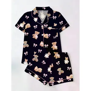 Adorable Bear Bowknot Print Sleepwear Set, Women's Short Sleeve Pajama Top and Shorts, Casual Comfy Loungewear for All Seasons