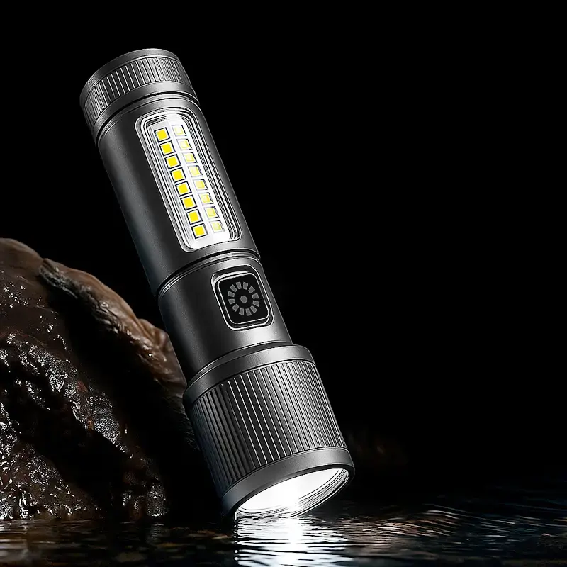 LED Flashlight, 5000 Lumen Super Bright Portable Waterproof Torch with Zoom Lens, Rechargeable 6-Mode Utility Light with COB Sidelight for Outdoor Camping, Car Repair, Adjustable, Luminous, Handheld Grip, Bushcrafting, Hiking, Cob Side Flood Light, Ideal,