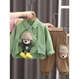 Children's Autumn and Winter Set 2024 New Stylish Boys' Shirt Two-Piece Casual Warm Clothing for Kids, Perfect for Outdoor