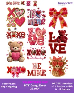 Valentine's Day DTF Gang Sheet 16 Ready To Press Transfers 23x60 11 Big 5 Small Full Color Printing Same Next Day Shipping