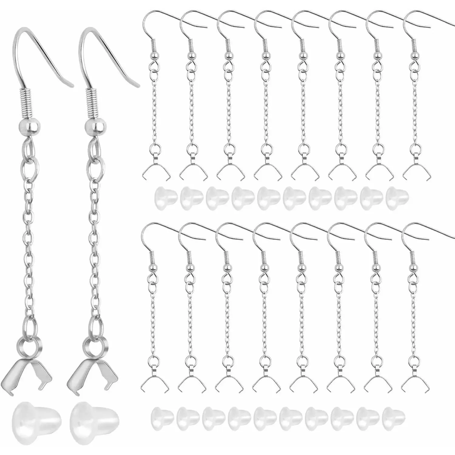 20pcs Stainless Steel Earring Hooks Hypoallergenic Ear Wires Fish Hooks with Beaded Chains Pinch Bail Clasps and Clear Earring Backs for DIY Jewelry Making Findings