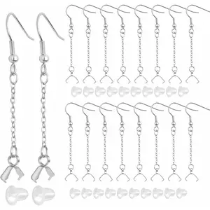 20pcs Stainless Steel Earring Hooks Hypoallergenic Ear Wires Fish Hooks with Beaded Chains Pinch Bail Clasps and Clear Earring Backs for DIY Jewelry Making Findings
