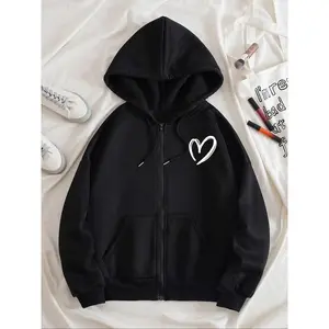 Women’s heart-shaped print hoodie, autumn–winter casual wool pullover, women’s zip-pocket sweatshirt, long-sleeved off-shoulder design